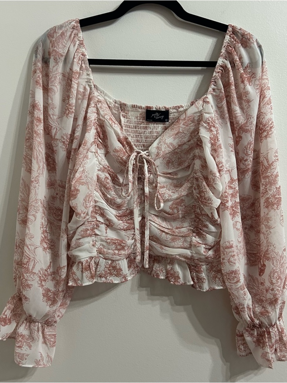 Milk & Honey Women’s Size XL Ruched Tie-Front Peasant Cropped Blouse Whimsical